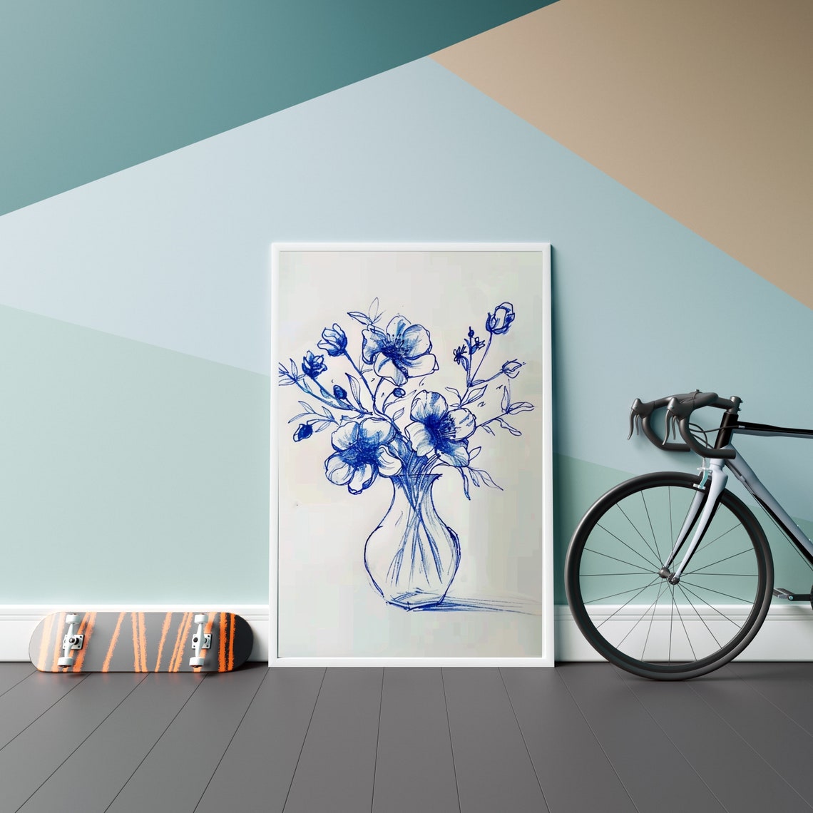 Blue Ink Sketch Wildflowers In Vase Minimalist Line Art Poster - Image 4