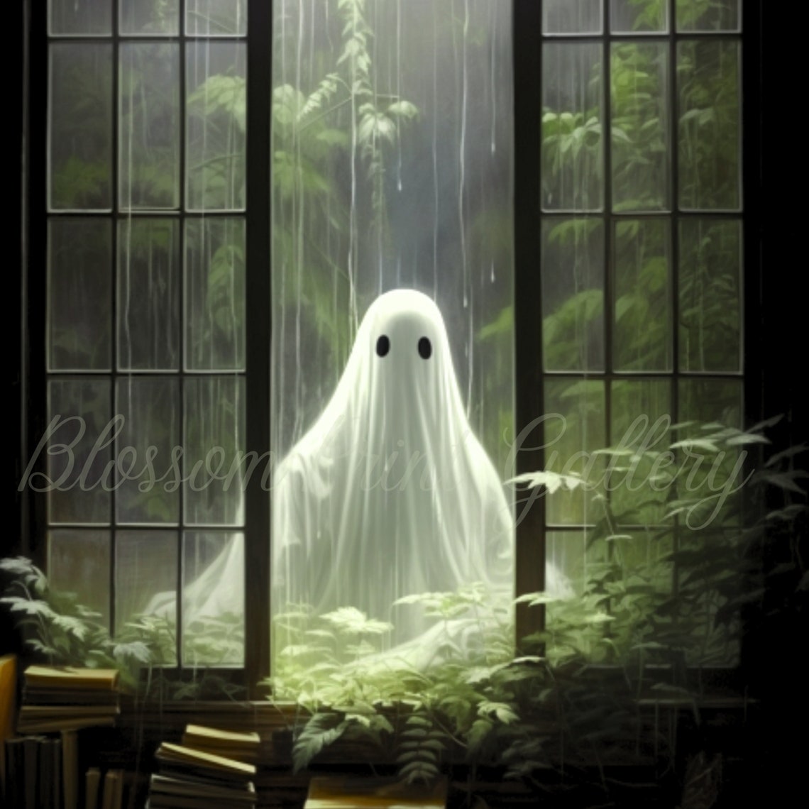 Ghost Outside Greenhouse Window Cute Spooky Halloween Poster - Image 3