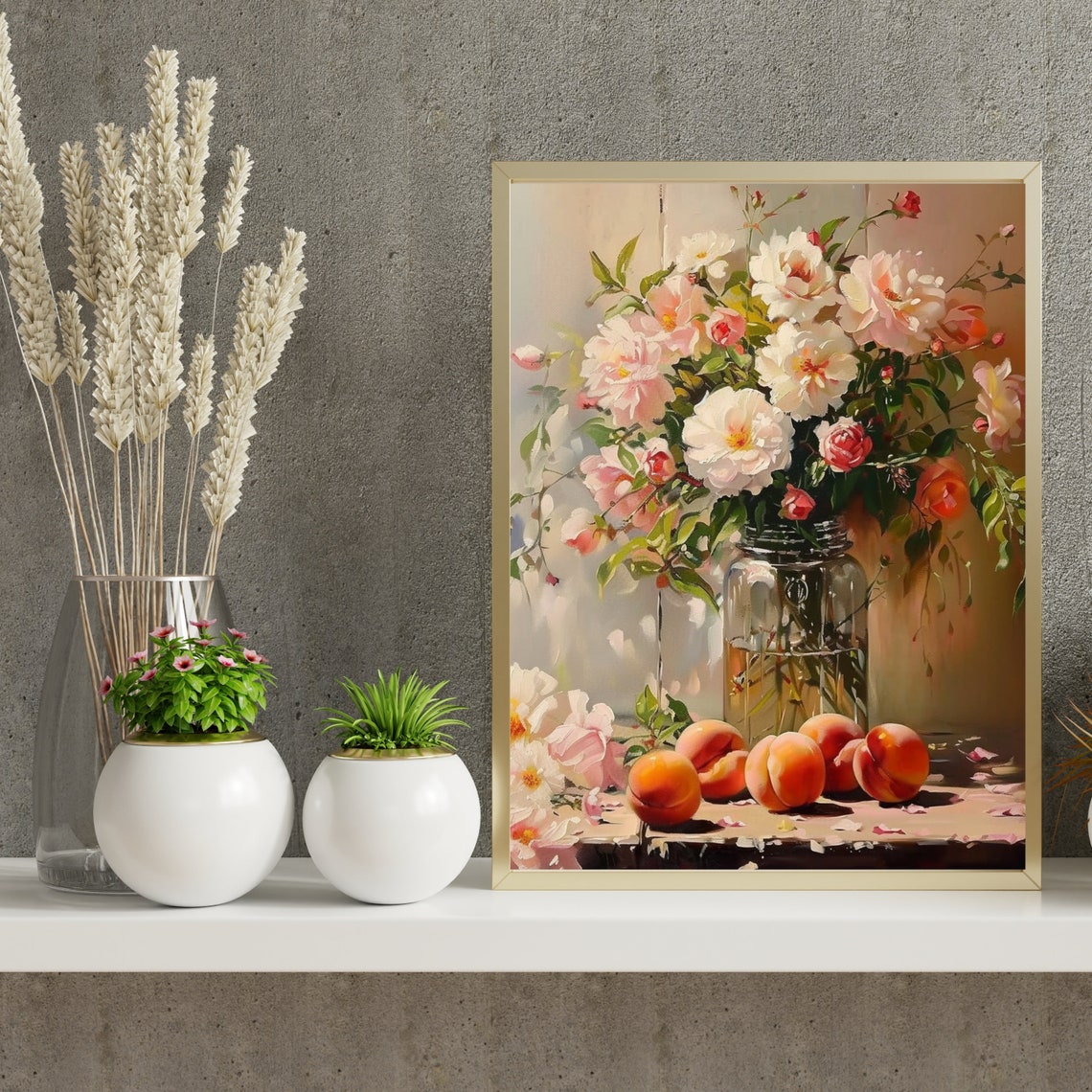 Blush Peonies and Roses in Glass Jar with Peaches Painting Poster - Image 4