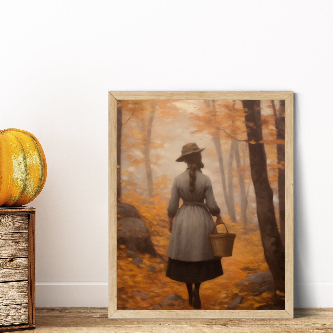 Woman with Basket Walking Through Golden Autumn Forest Poster - Image 4