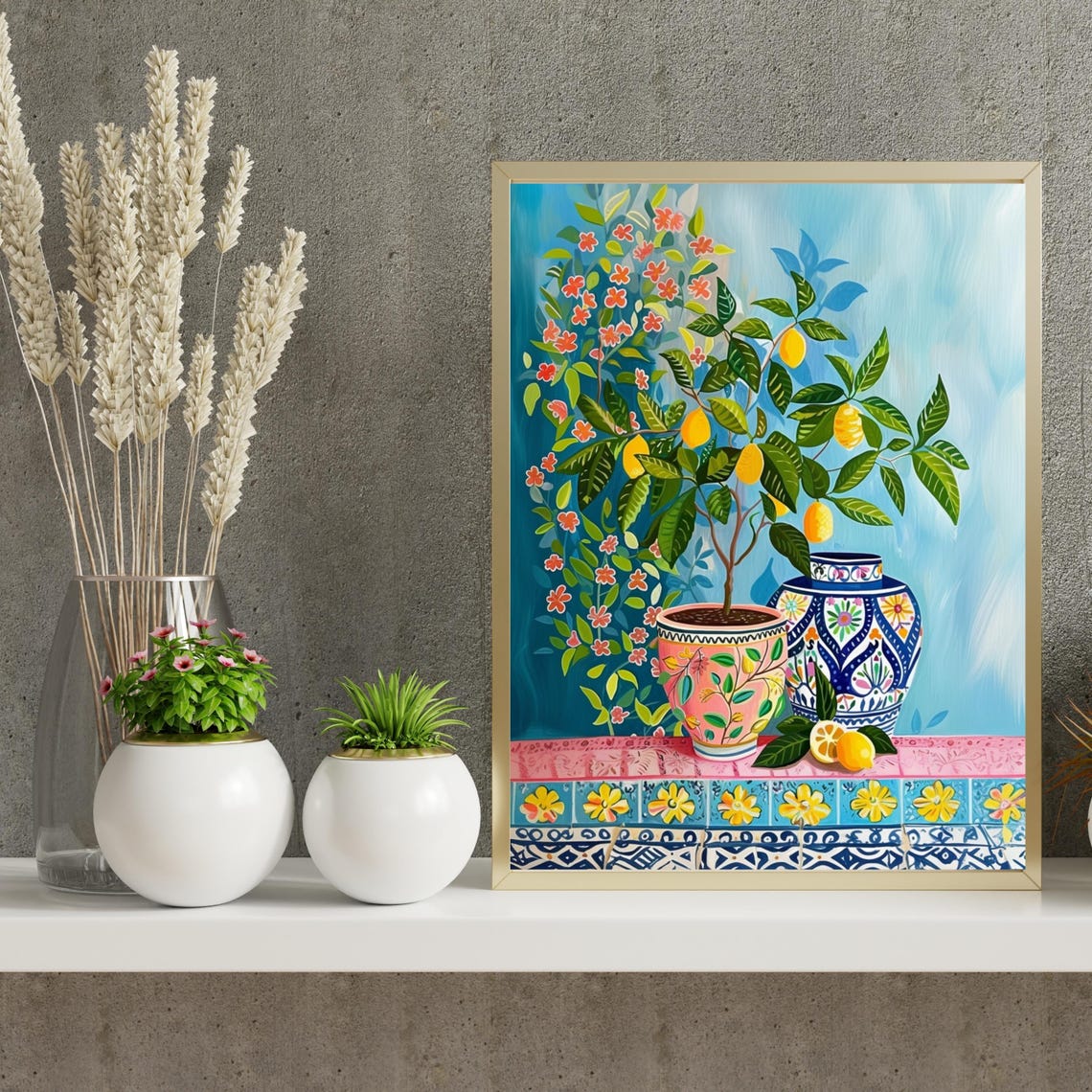 Potted Lemon Tree on Painted Tile Mediterranean Still Life Poster - Image 4