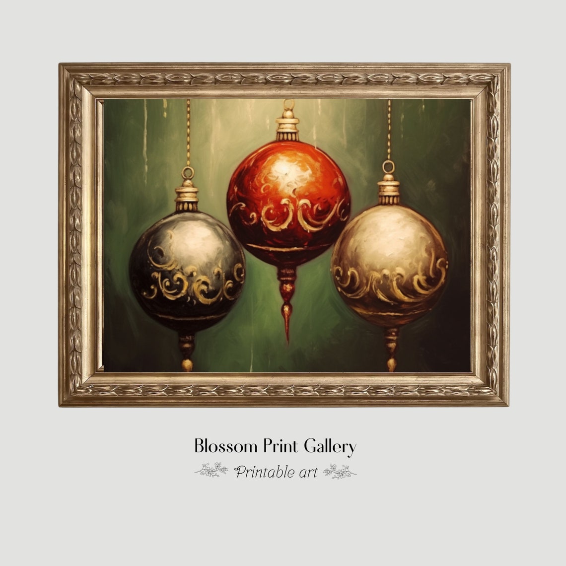 Vintage Christmas Baubles Hanging in Gold and Red Holiday Wall Art