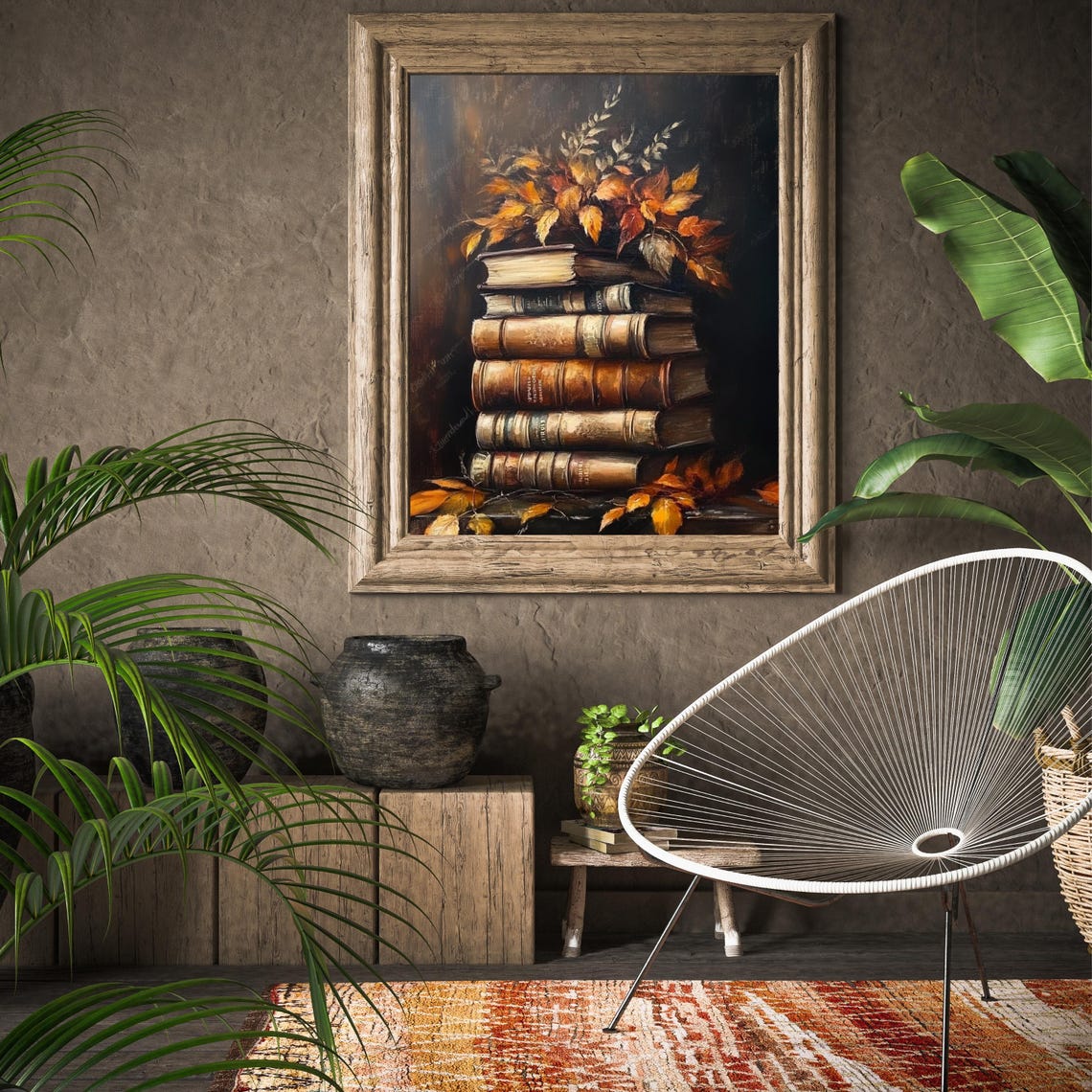 Antique Books Stack Autumn Leaves Moody Dark Still Life Poster - Image 2