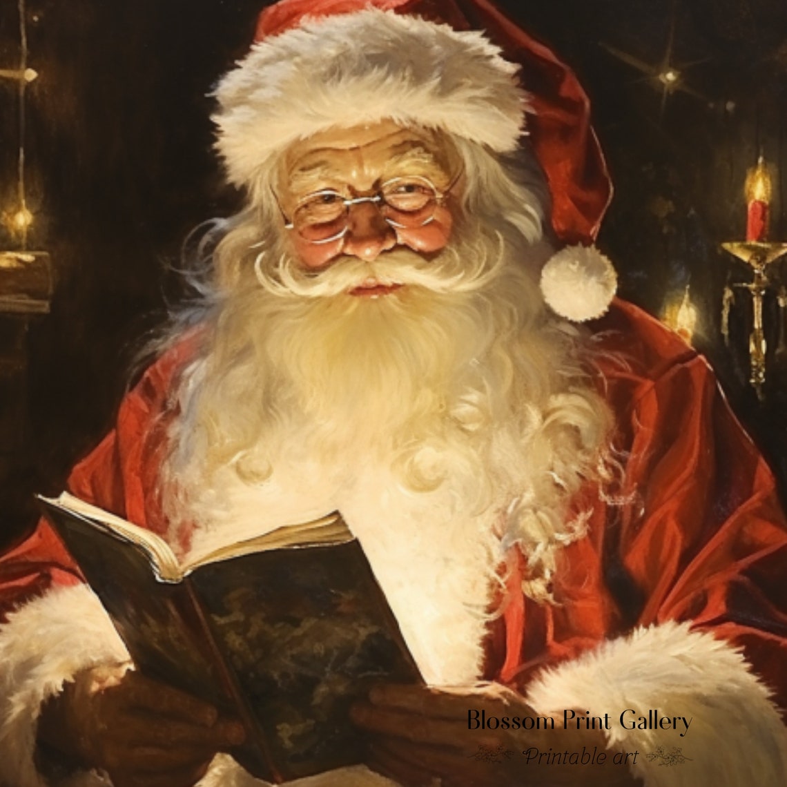 Santa Claus Reading Book Candlelight Classic Christmas Portrait Poster - Image 3
