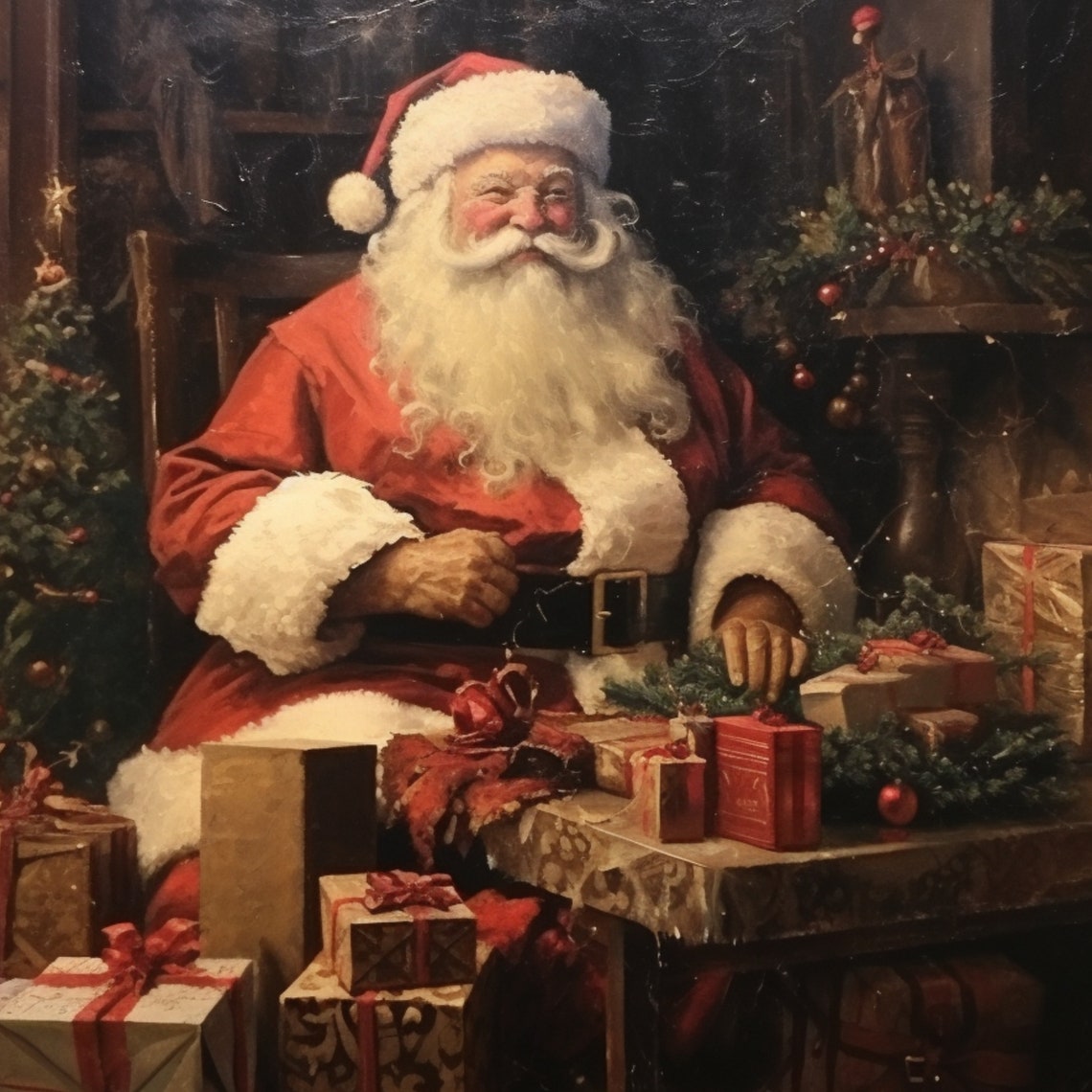 Jolly Santa Claus Gifts Workshop Vintage Christmas Painting Poster - Image 3