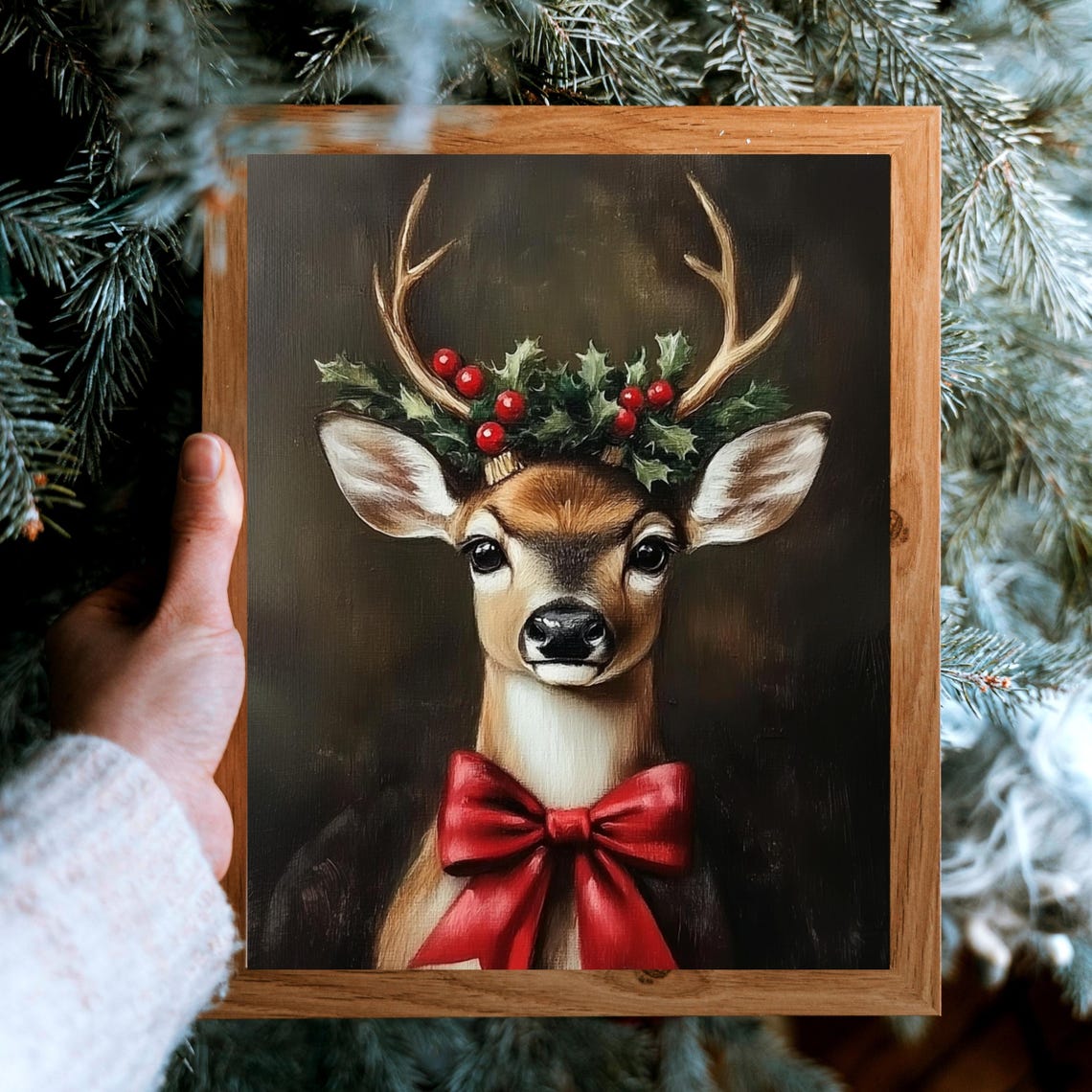 Festive Deer Portrait With Holly Crown And Red Bow Christmas Poster - Image 3