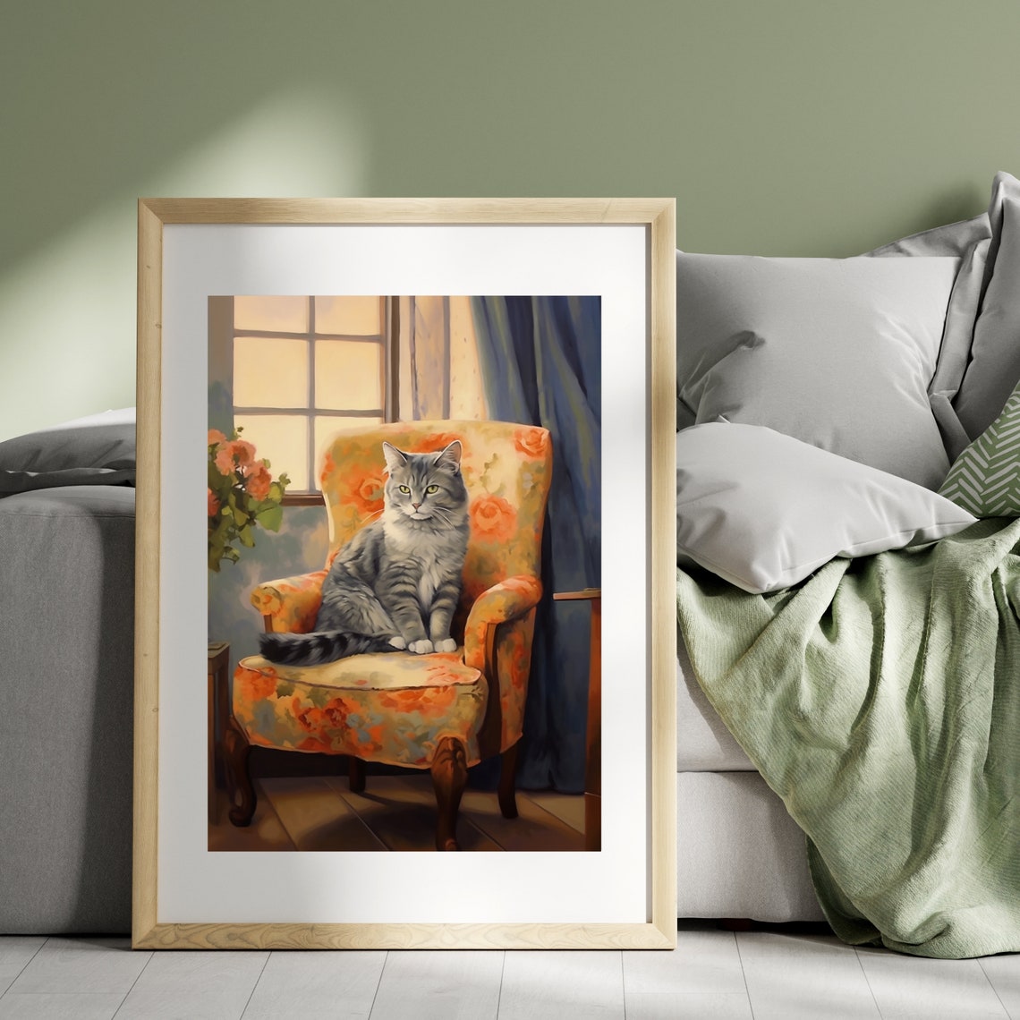 Grey Tabby Cat On Vintage Floral Armchair Cozy Window Portrait Poster - Image 5