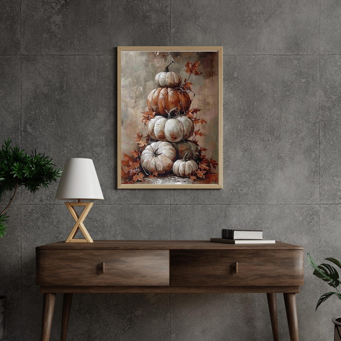 Stacked White Pumpkins Fall Harvest Still Life Oil Painting Poster - Image 3