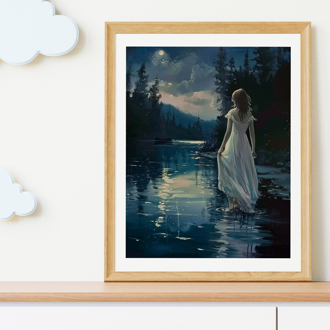 Moonlit Woman Wading Lake Midnight Water Landscape Art Poster - Image 5