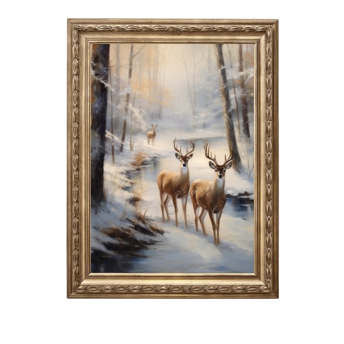 Whitetail Deer Bucks By Winter Stream Snowy Forest Painting Poster - Image 6