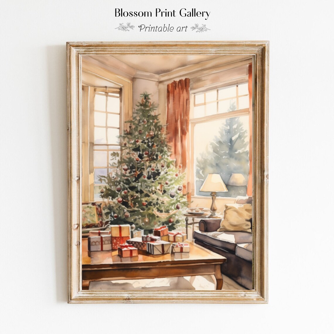 Watercolor Christmas Tree With Gifts In A Cozy Living Room Poster