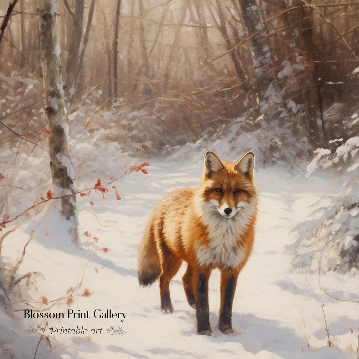 Red Fox Standing in Snowy Winter Forest Wildlife Painting Poster - Image 3