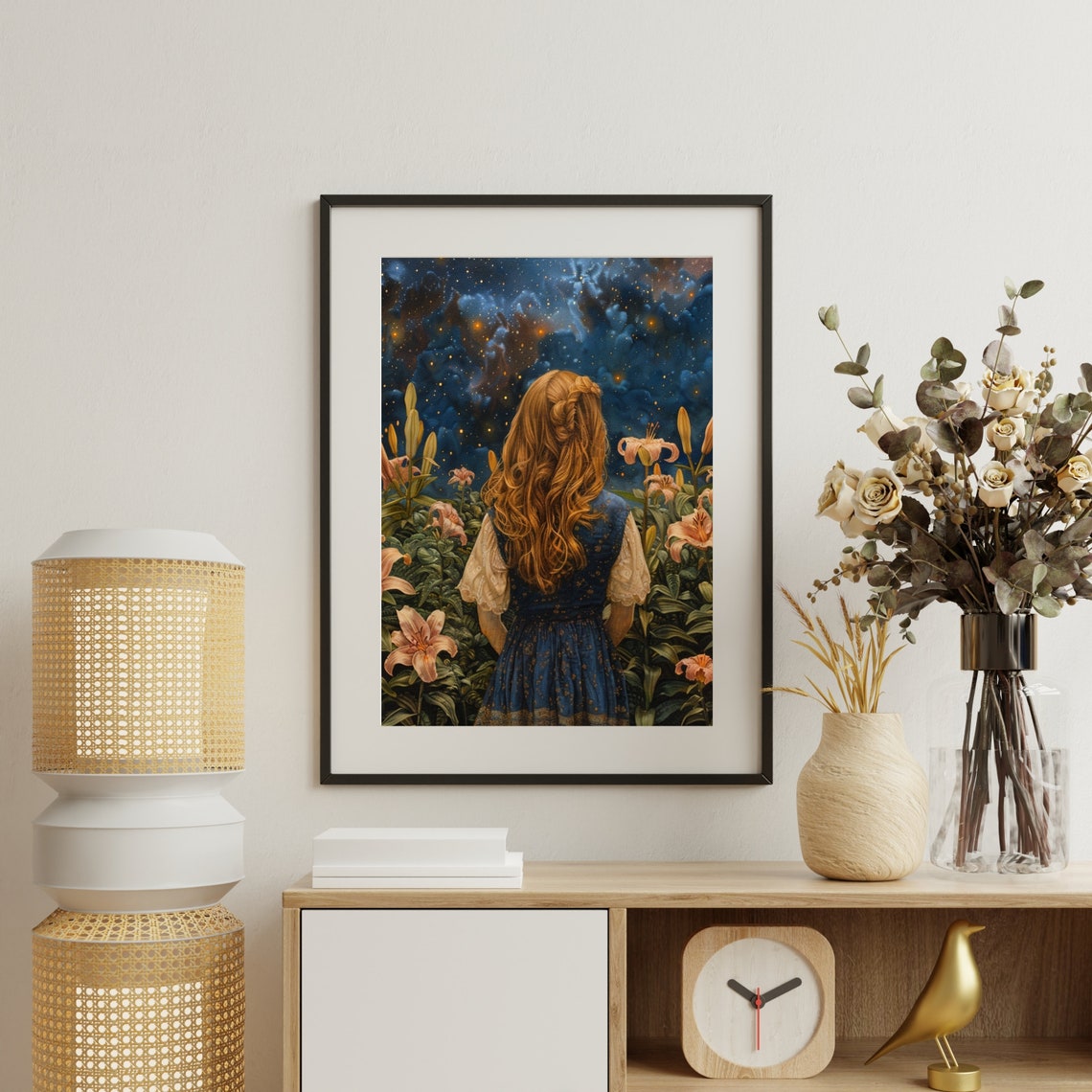 Dreamy Red Haired Girl Among Lilies Under Starry Night Poster - Image 4