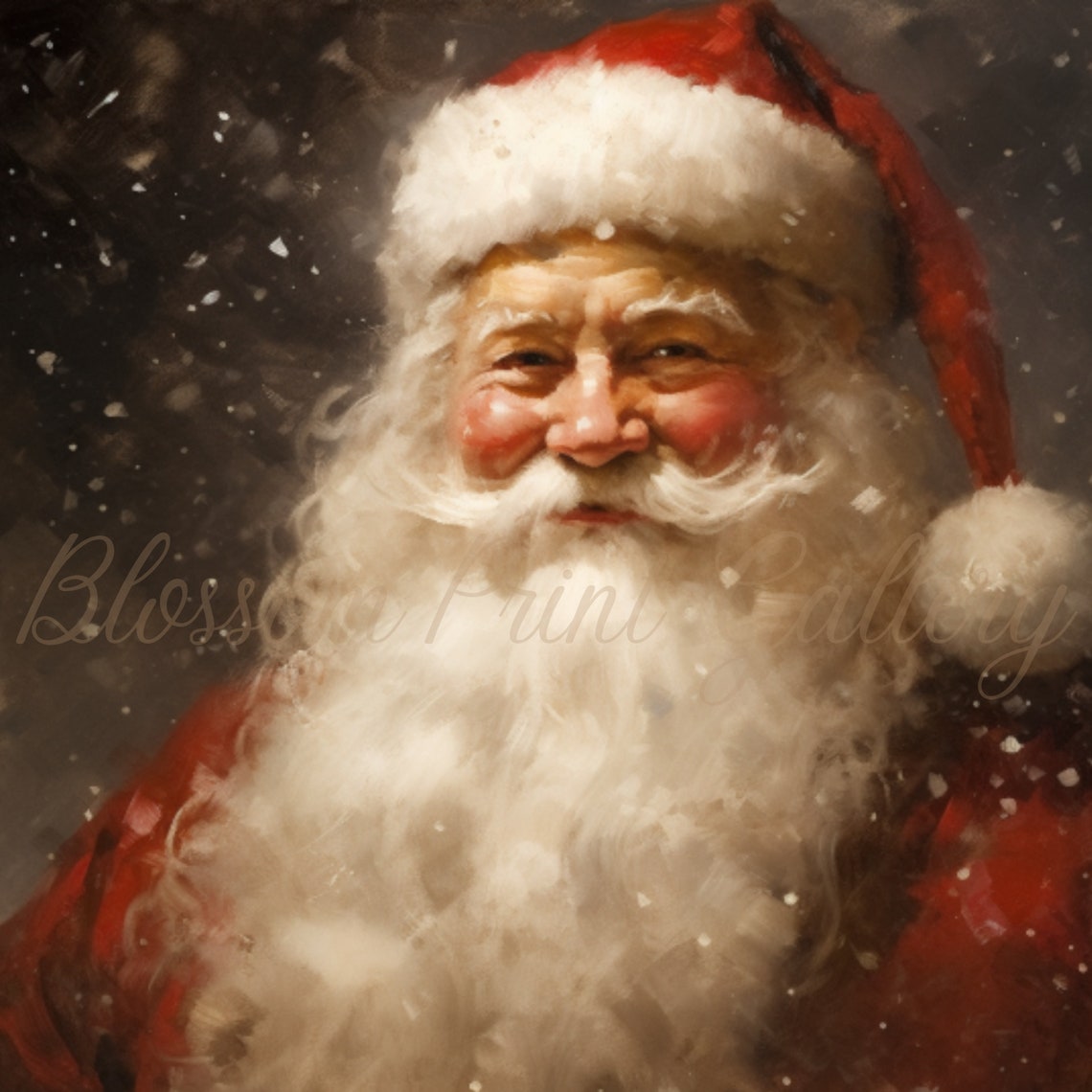 Santa Claus Portrait Falling Snow Winter Night Painting Poster - Image 3