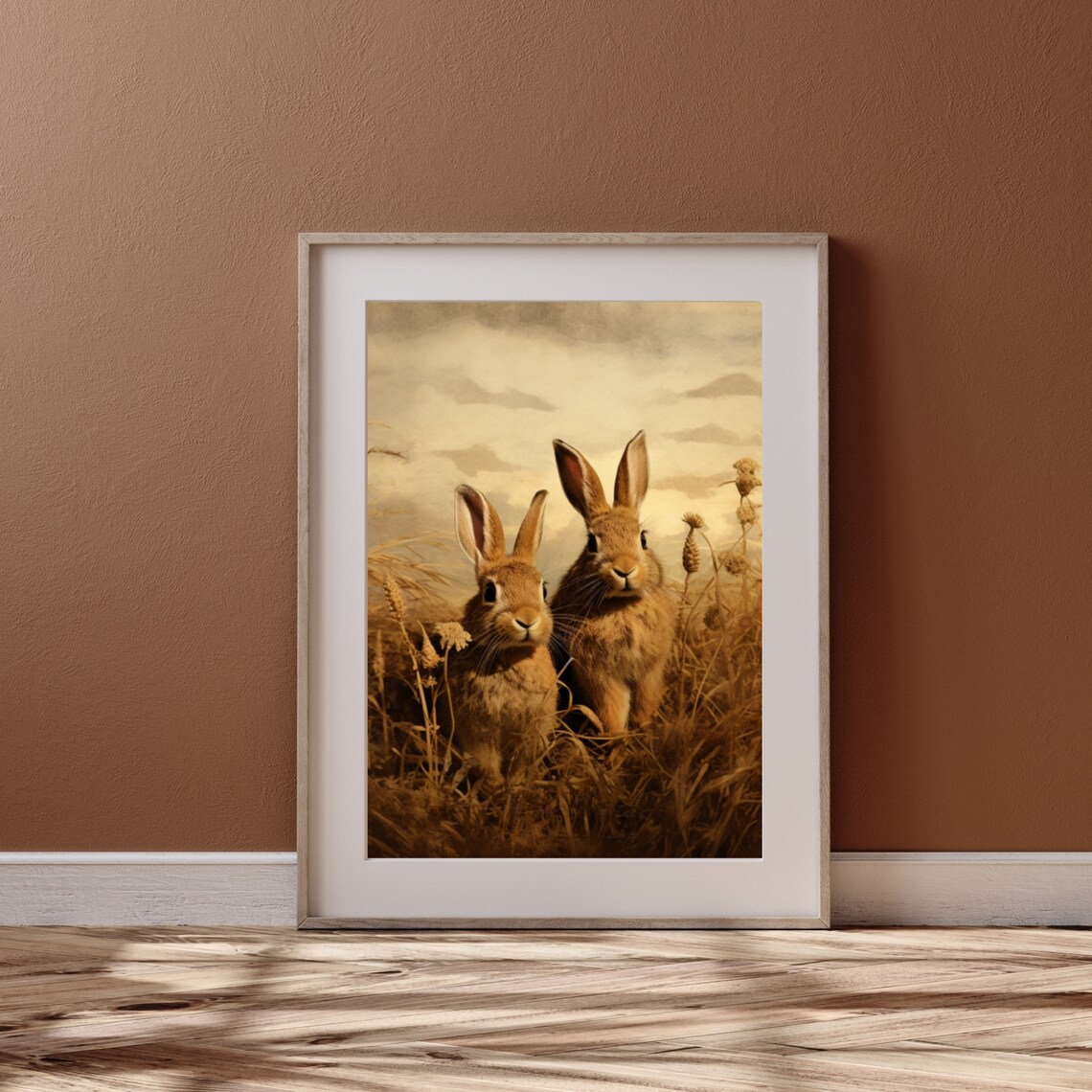 Two Brown Rabbits Golden Meadow Vintage Wildlife Painting Poster - Image 6