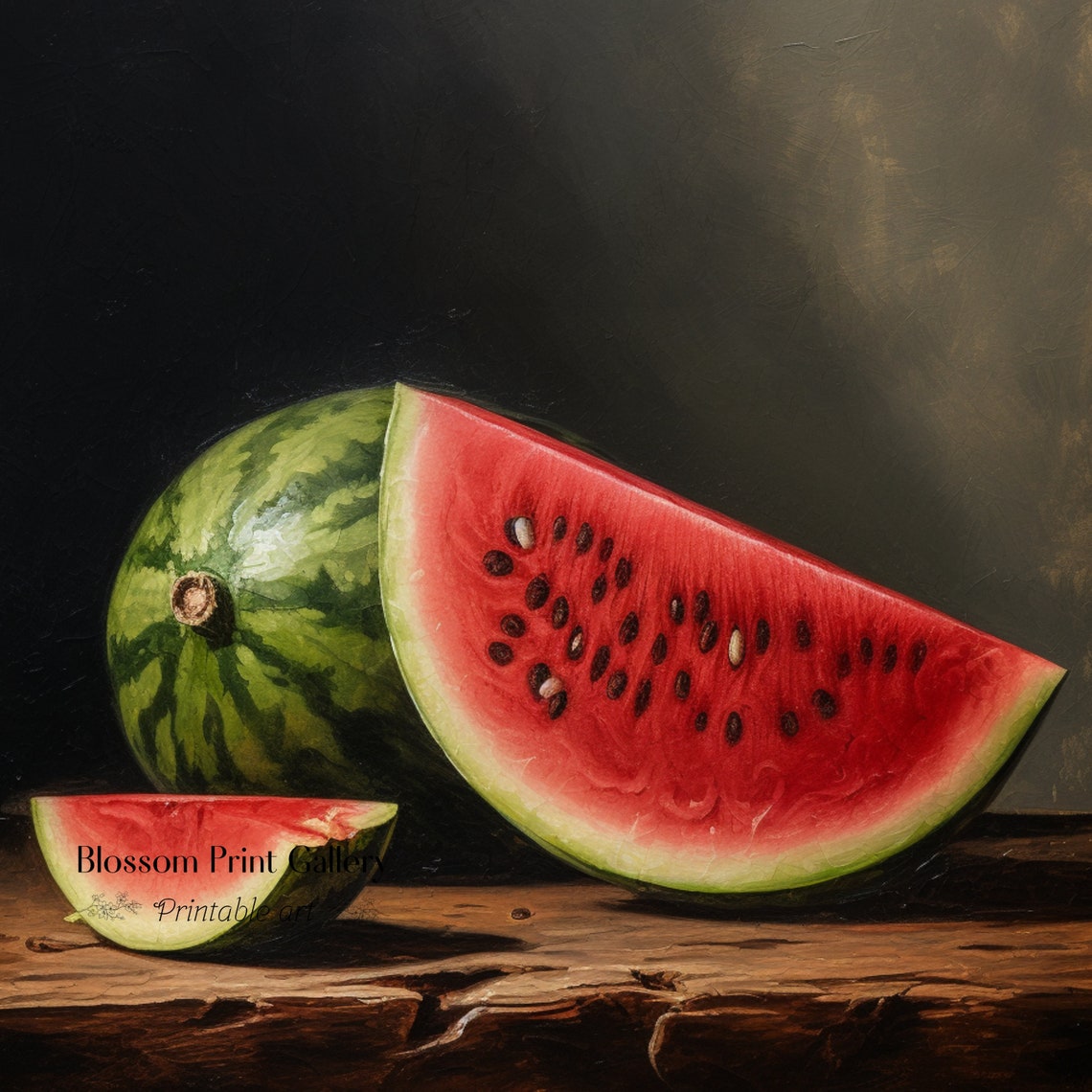 Moody Watermelon Still Life With Sliced Fruit On Dark Background Print - Image 2
