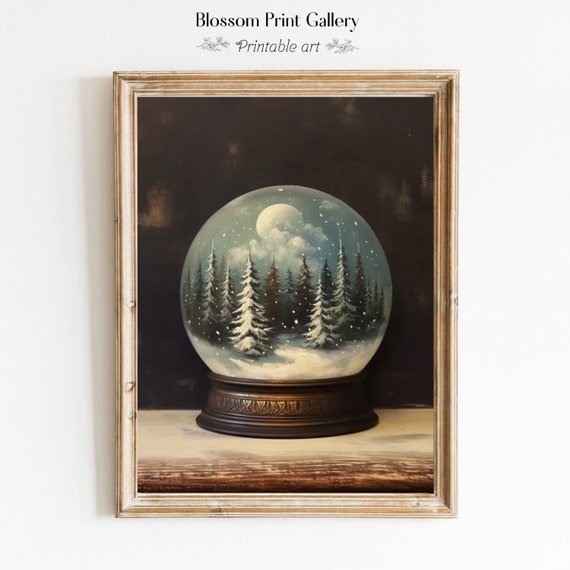 Vintage Christmas Wall Art Pine Tree Snow Globe Christmas Oil Painting Moody Winter Holiday Print Cottagecore Decor Forest Art 248