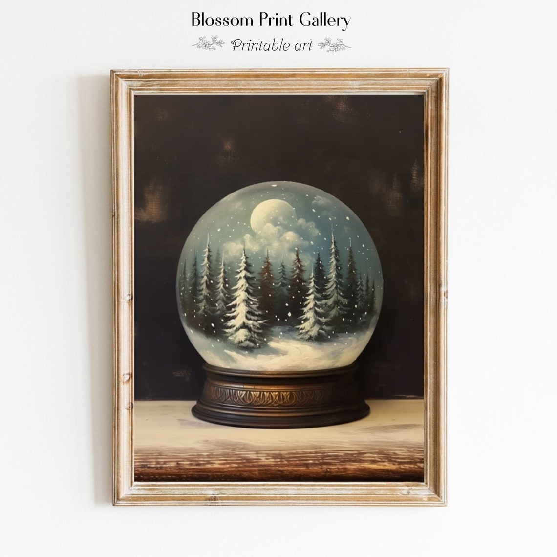 Moody Moonlit Pine Forest Christmas Snow Globe Painting Poster