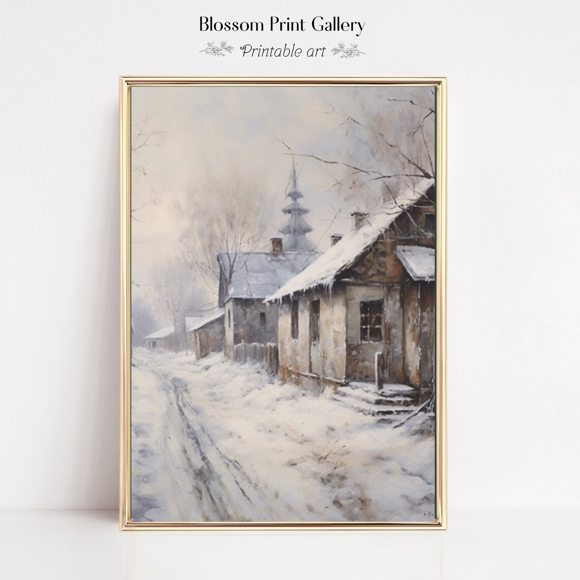 Snowy Rustic Village Street With A Church Steeple In The Mist Poster - Image 6