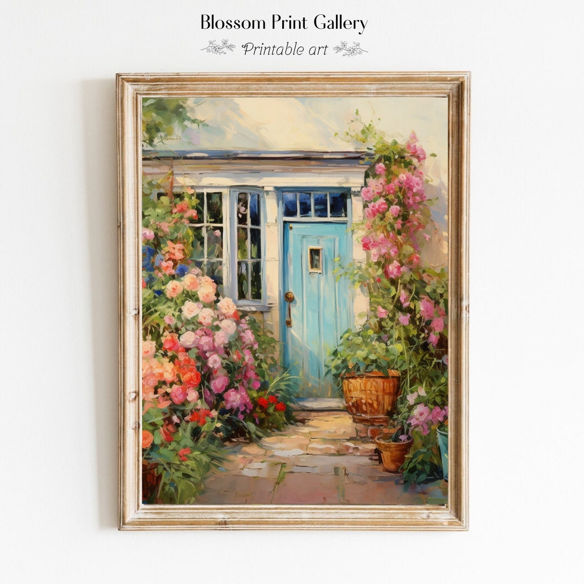 Charming Blue Cottage Door with Climbing Pink Roses Garden Poster