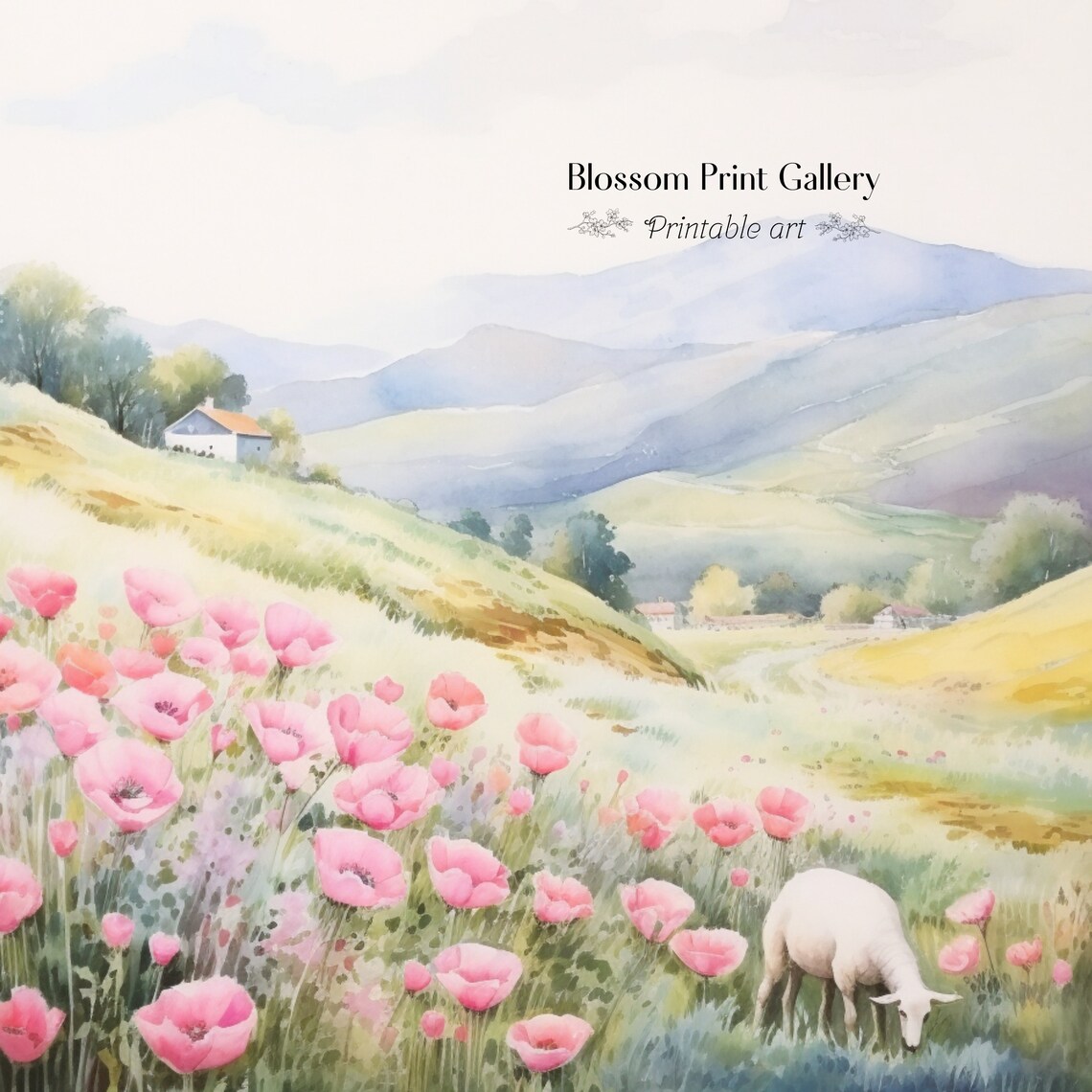 Pink Poppy Field with Grazing Sheep Watercolor Mountain Landscape Poster - Image 2