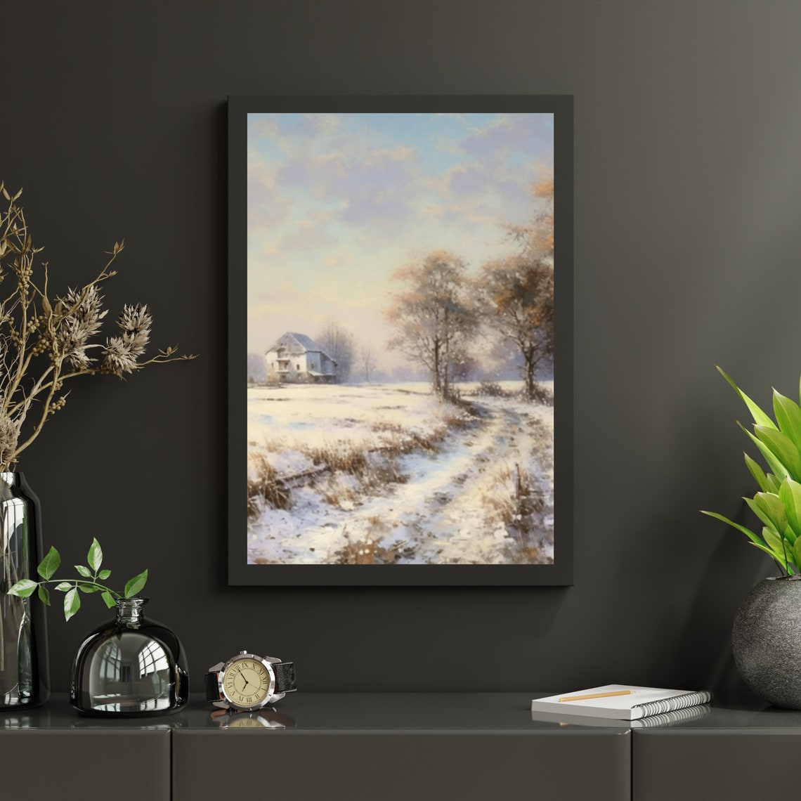 Snowy Farmhouse Landscape with Winding Path Winter Painting Poster - Image 5