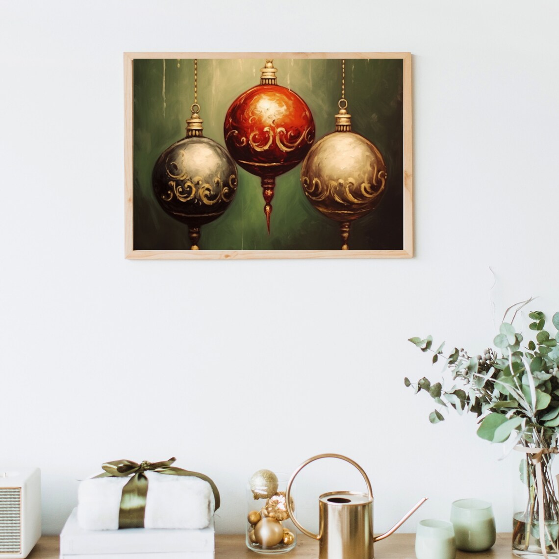 Vintage Christmas Baubles Hanging in Gold and Red Holiday Wall Art - Image 5