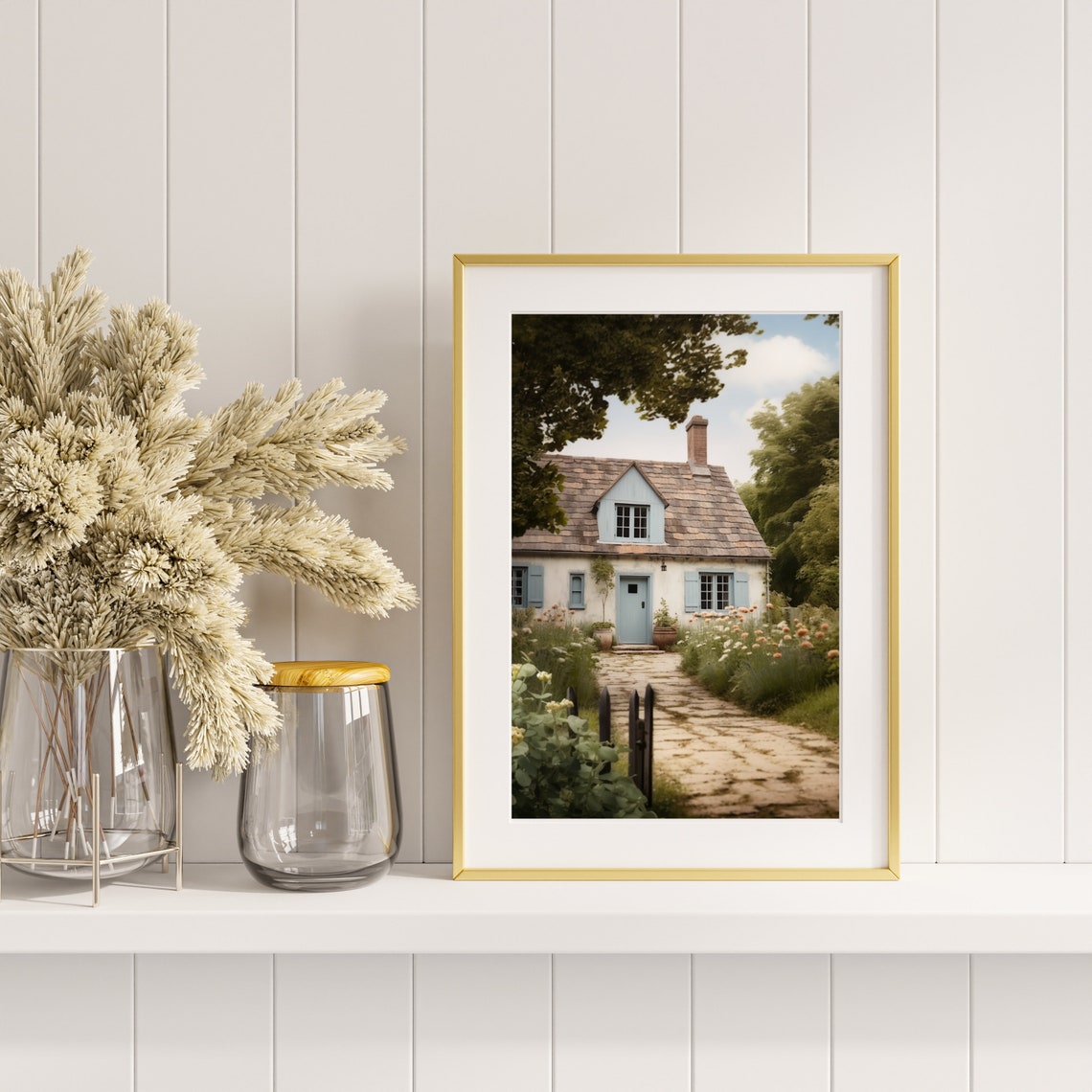 Whitewashed Cottage With Blue Shutters And A Flower Garden Path Print - Image 4