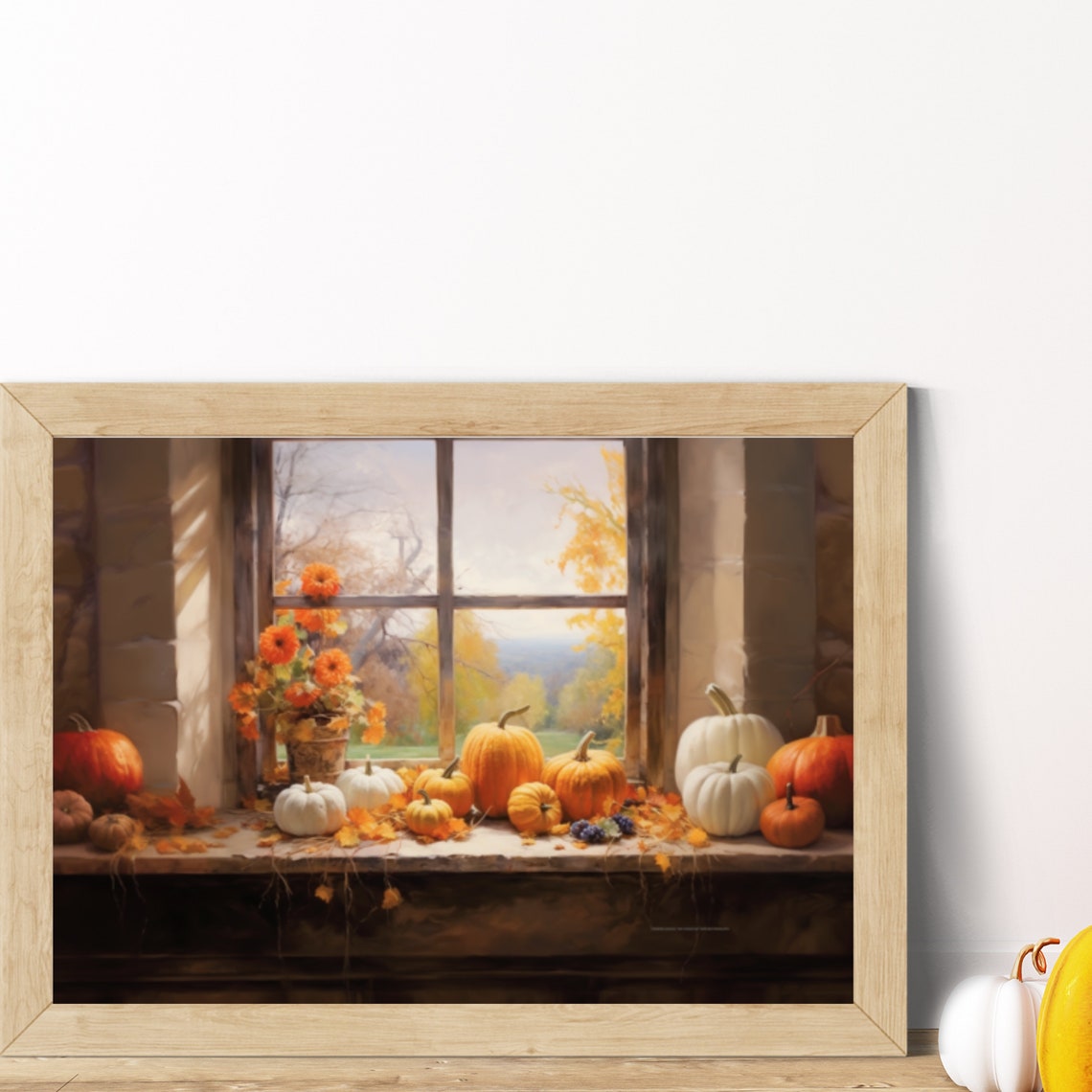 Pumpkins on Rustic Window Sill with Marigolds Painting Poster - Image 5