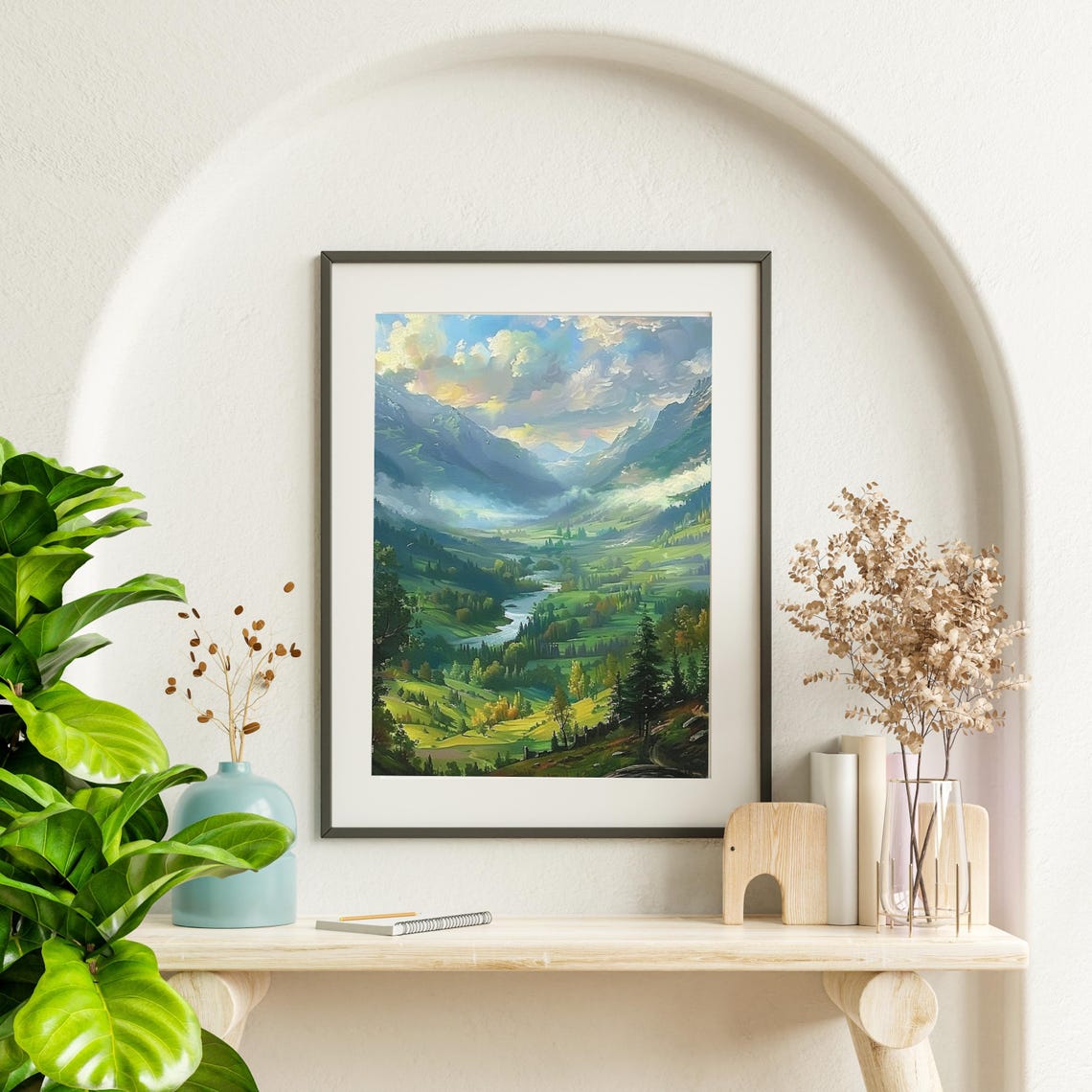 Green Mountain Valley River Landscape Spring Meadow Art Poster - Image 3