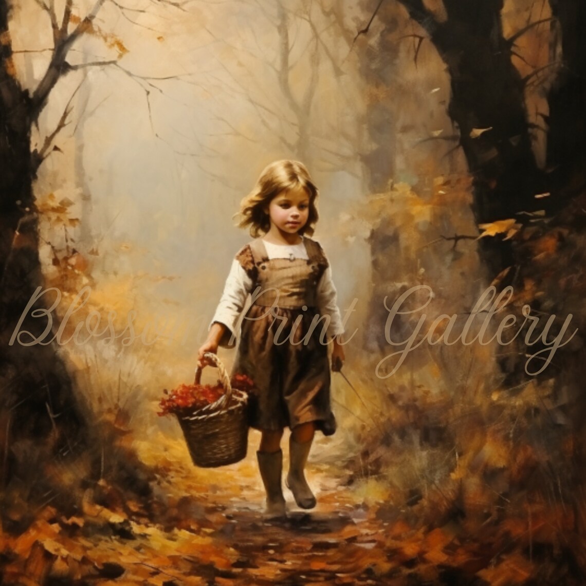 Little Girl with Berry Basket in Autumn Woods Painting Poster - Image 3