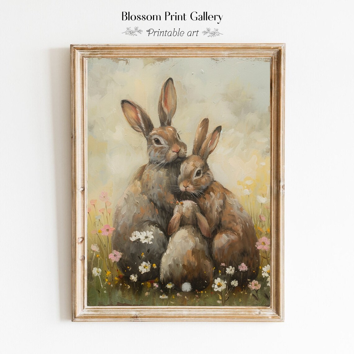 Vintage Rabbit Family Painting, Rustic Easter Art Print