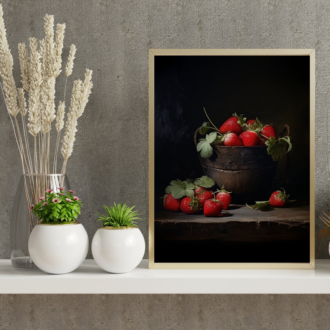 Ripe Red Strawberries In Wooden Bucket Moody Still Life Poster - Image 5