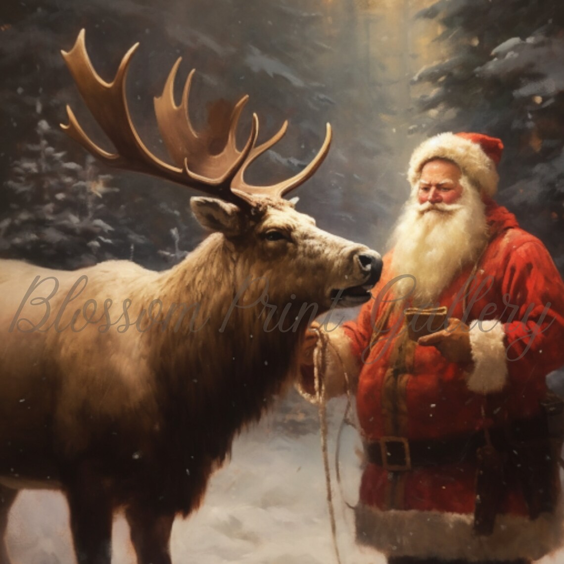 Santa Claus Feeding Reindeer in Snowy Forest Christmas Poster - Image 3