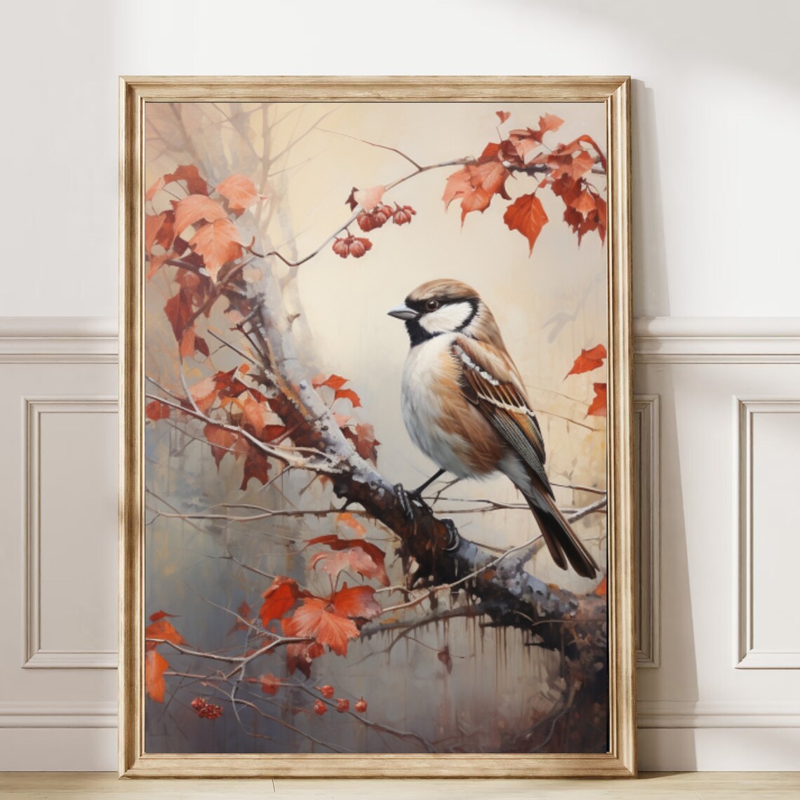 Songbird Perched On Red Autumn Branch Vintage Bird Painting Poster - Image 5