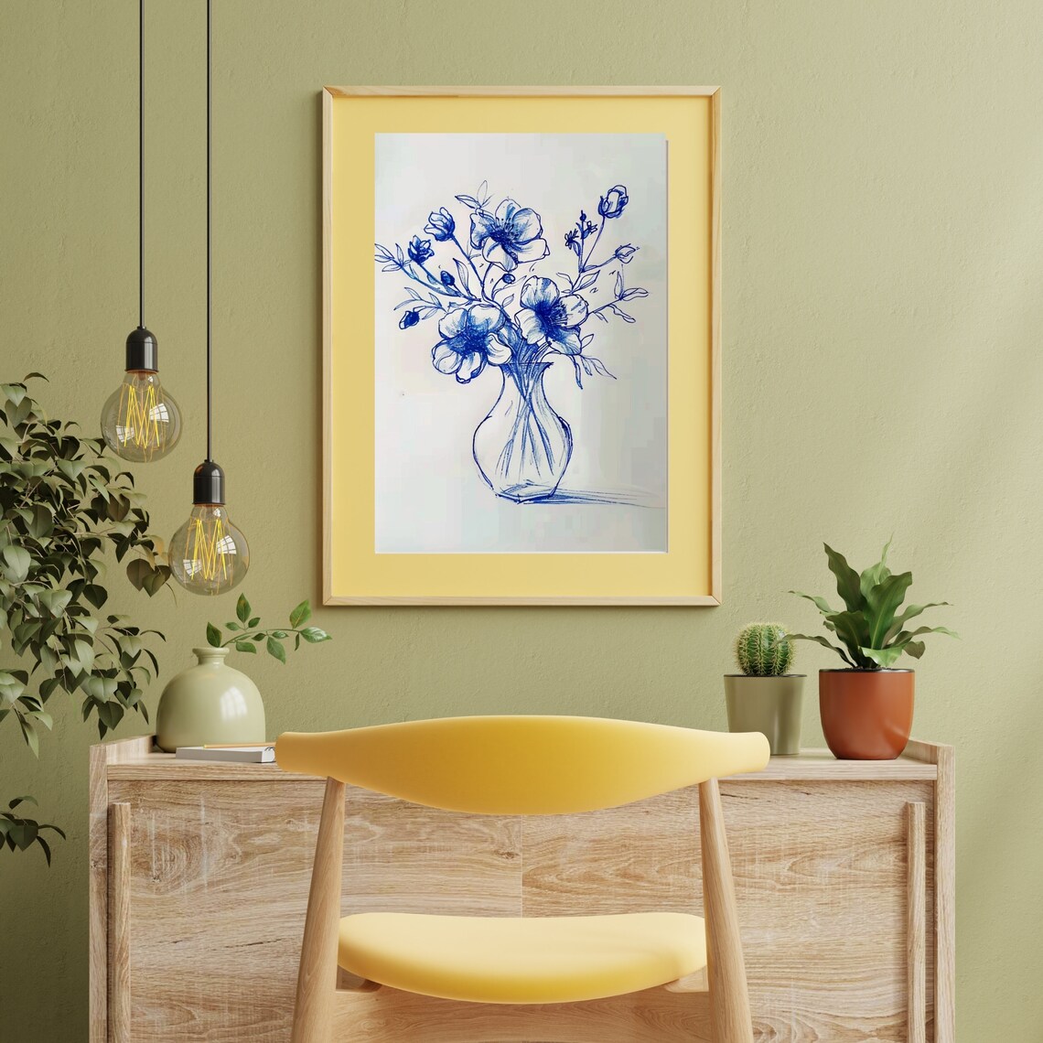 Blue Ink Sketch Wildflowers In Vase Minimalist Line Art Poster - Image 3