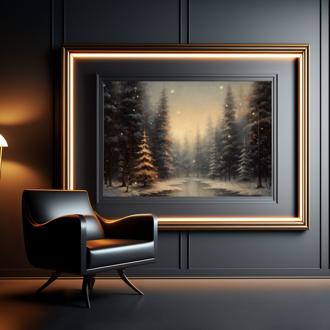 Snowy Pine Forest With Golden Starlight And Pond Winter Poster - Image 5