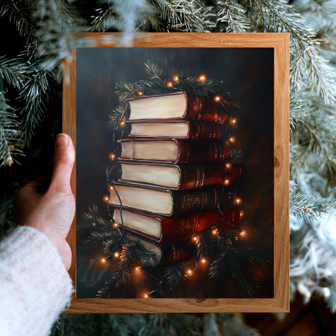 Vintage Christmas Books Stack Pine Garland Lights Holiday Poster - Image 5