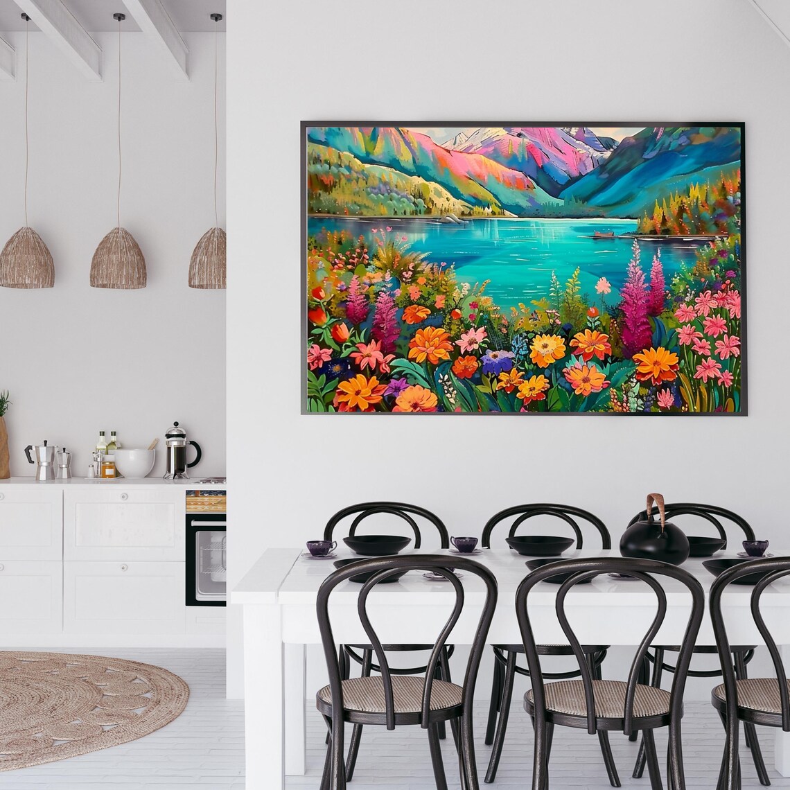 Rainbow Mountain Lake with Wildflower Shores Colorful Landscape Poster - Image 2