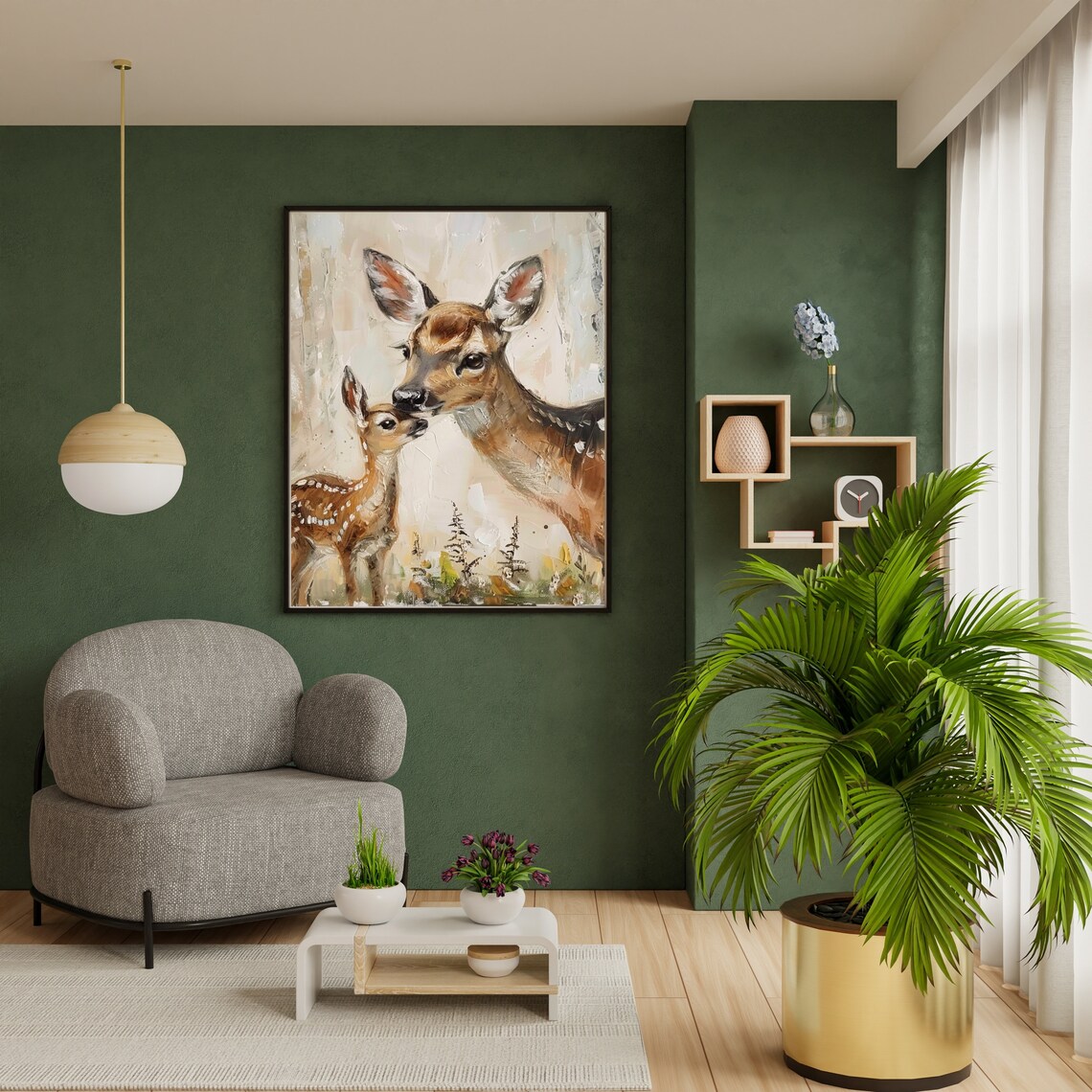 Doe And Fawn Nuzzling In Forest Vintage Wildlife Painting Poster - Image 4