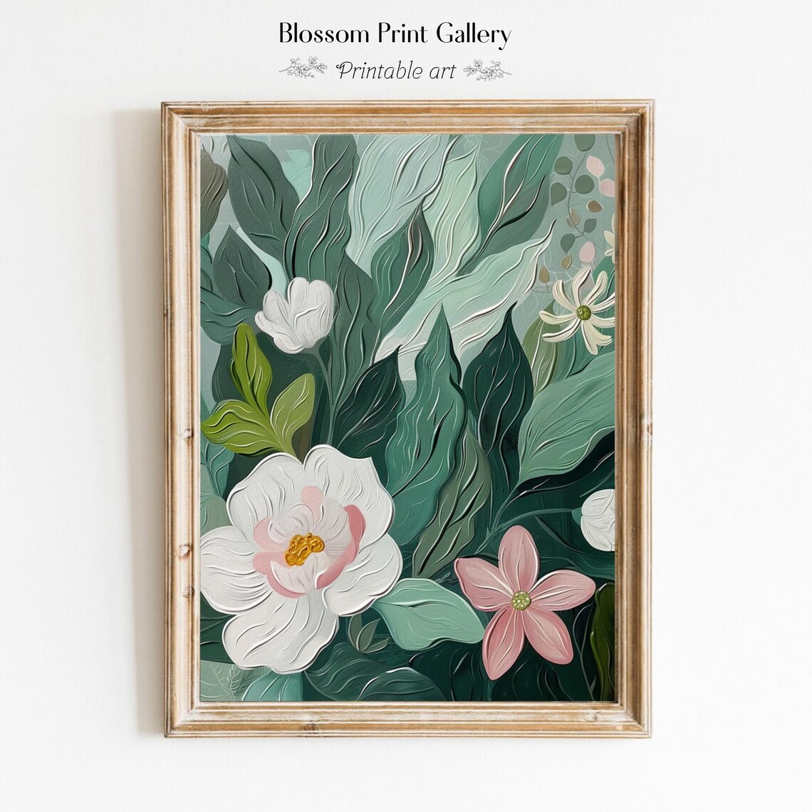 Sage Green Botanical with White Magnolias Oil Painting Poster