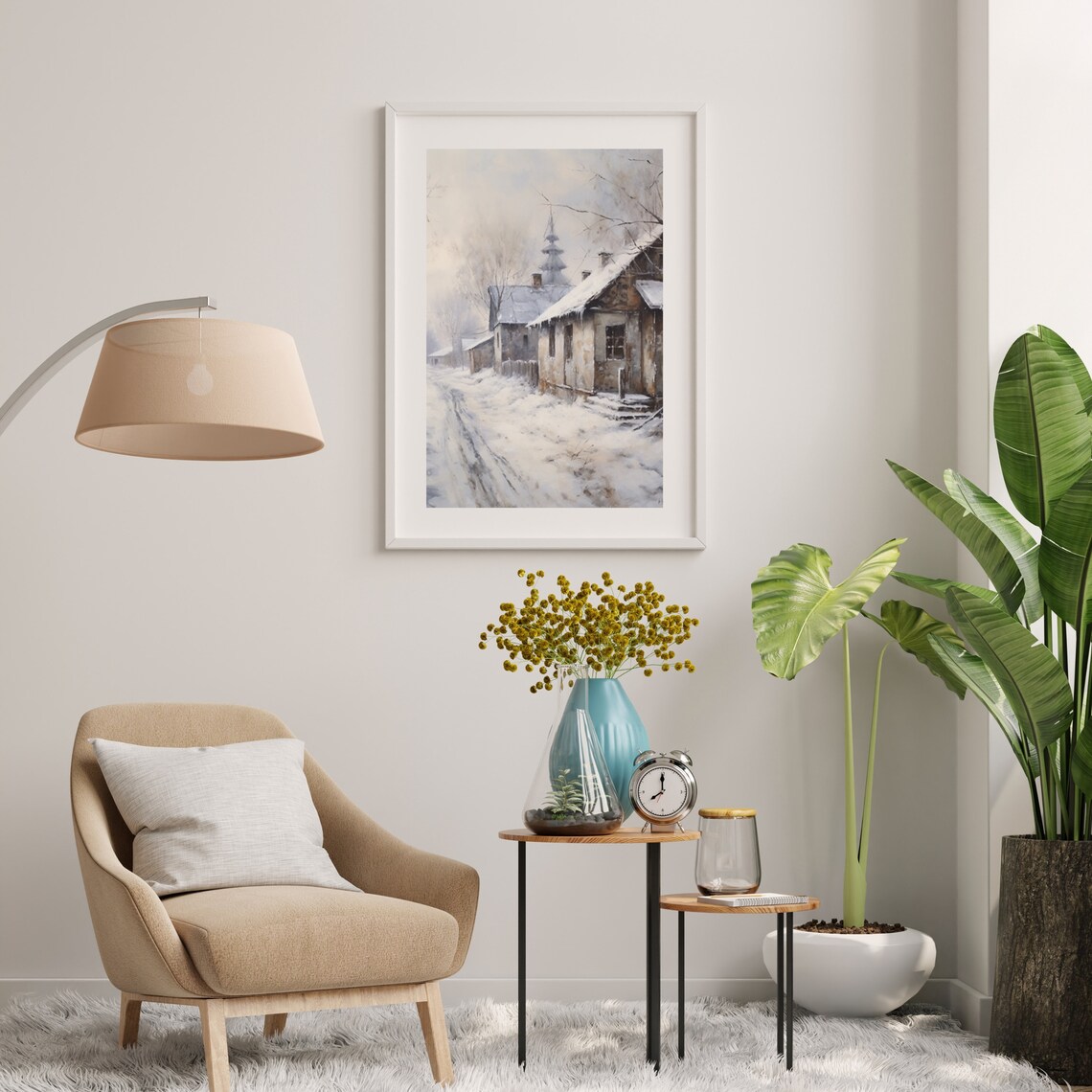 Snowy Rustic Village Street With A Church Steeple In The Mist Poster - Image 5