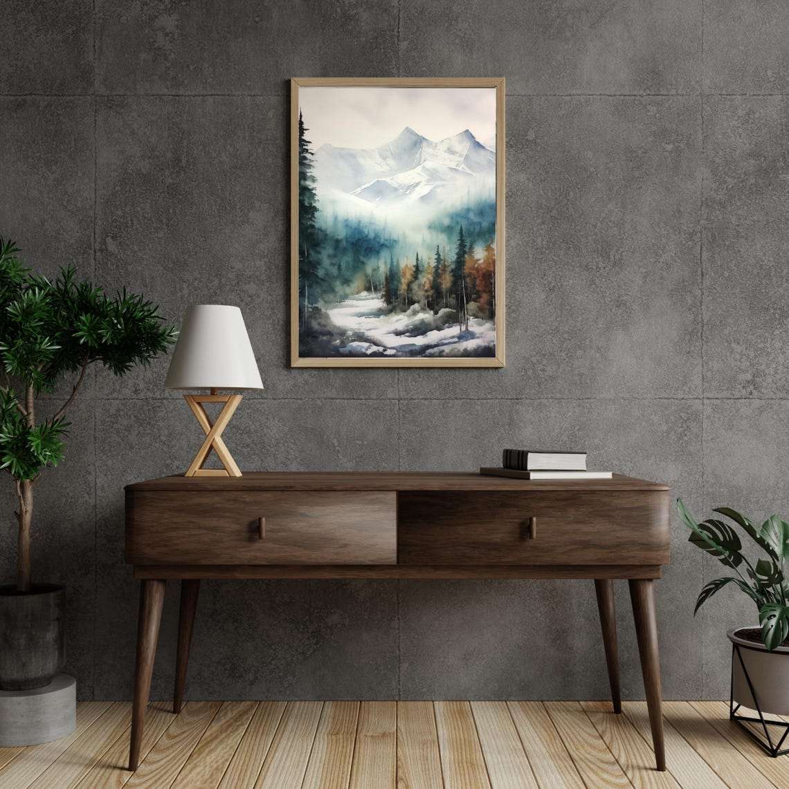 Misty Snowy Mountain Forest Watercolor Winter Landscape Poster - Image 6