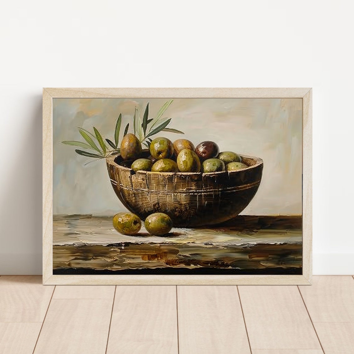 Rustic Wooden Bowl Of Green Olives With Olive Branches Print - Image 2