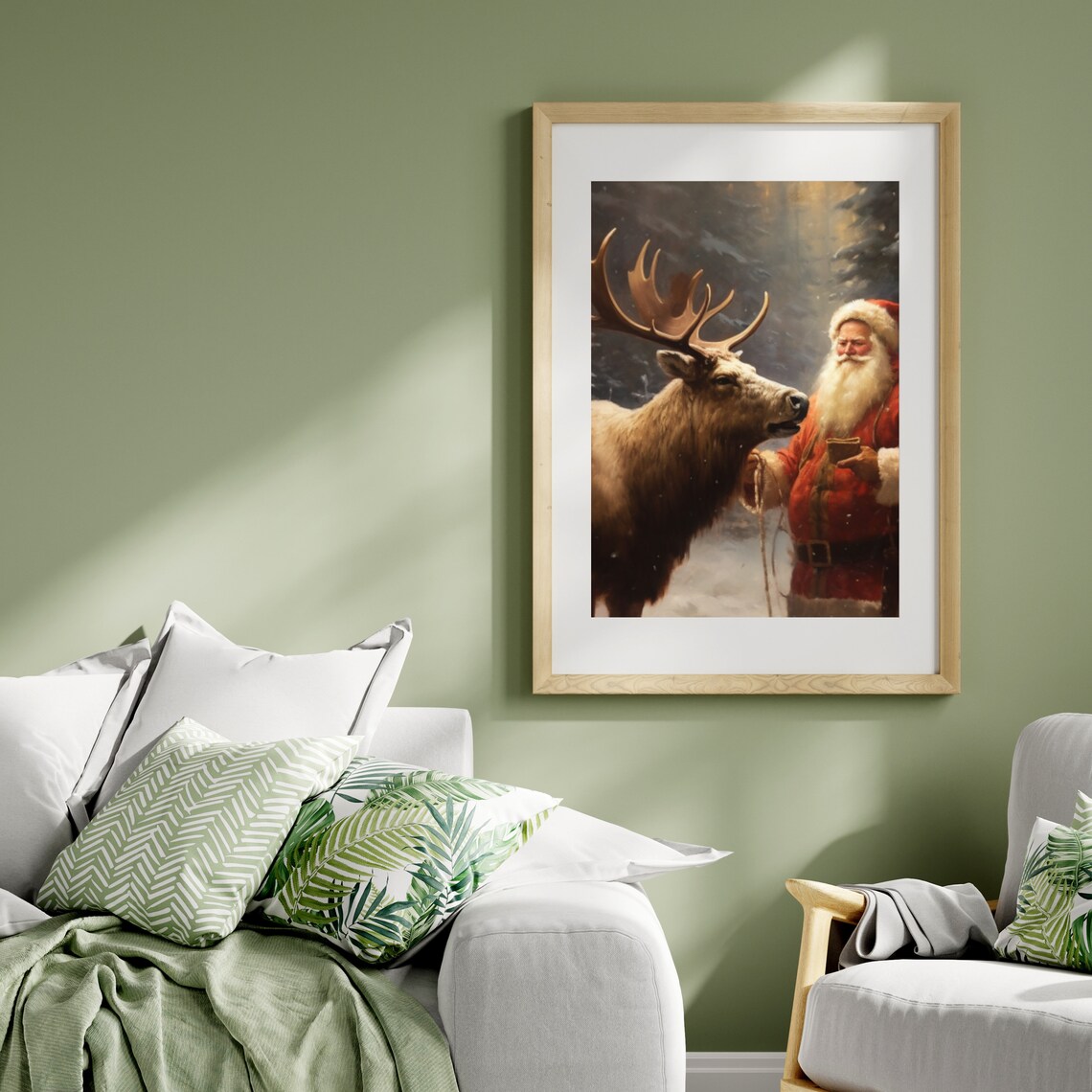 Santa Claus Feeding Reindeer in Snowy Forest Christmas Poster - Image 5
