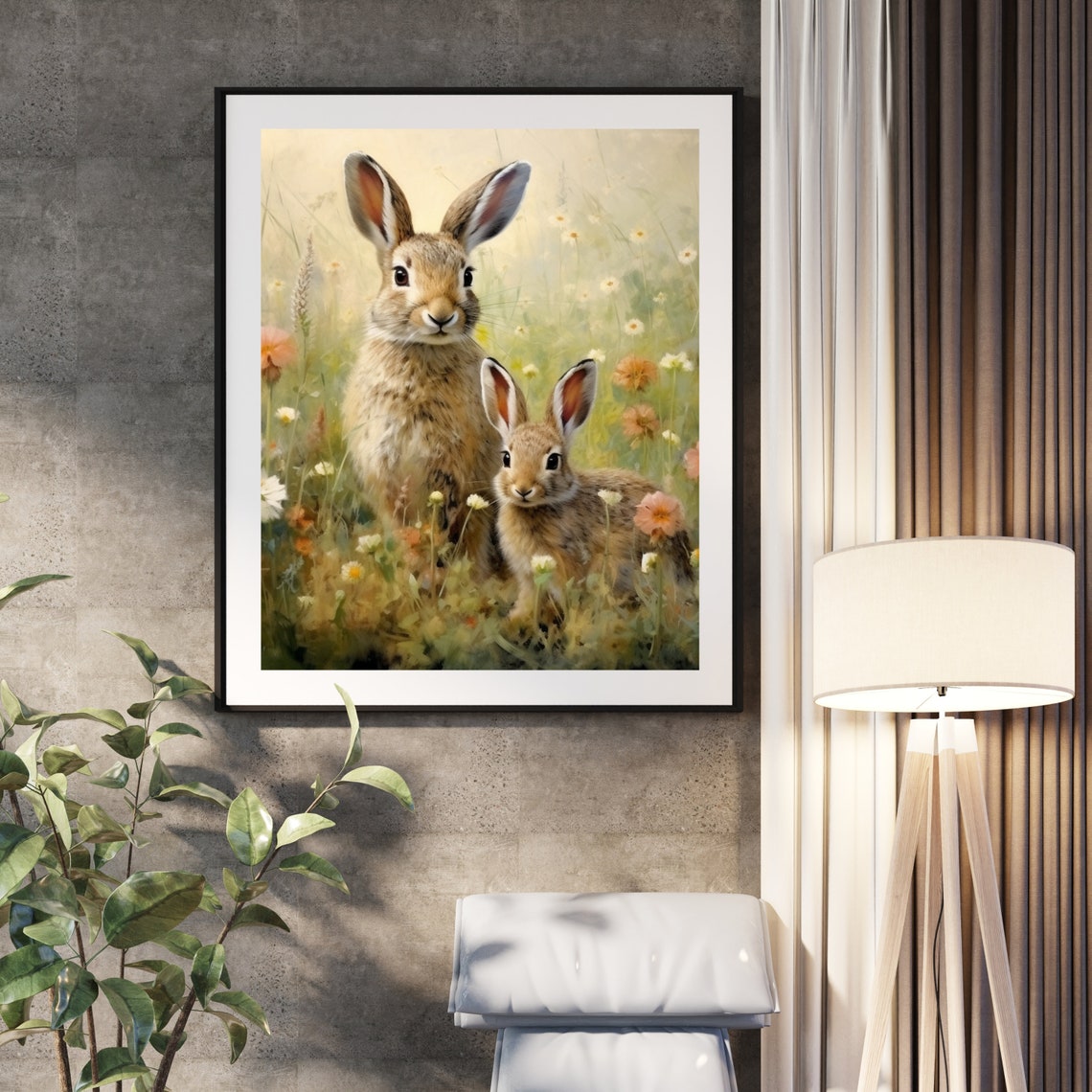 Two Bunnies Wildflower Meadow Cute Rabbit Pair Painting Poster - Image 2