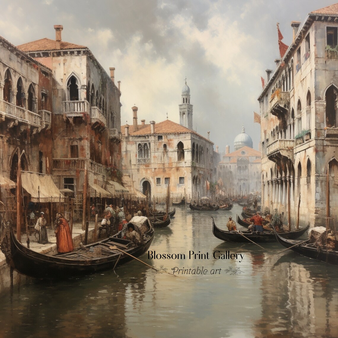 Venice Canal Painting Antique Landscape Wall Art Canal Print Italy Paint Vintage Neutral Italy Wall Art Living Room Decor 417 - Image 3