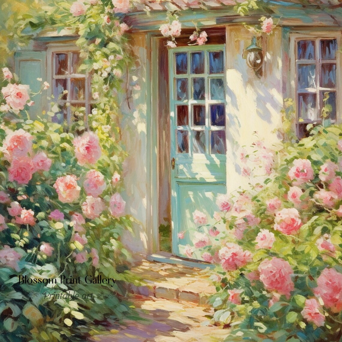 Spring Cottage Doorway with Climbing Pink Roses Painting Poster - Image 2