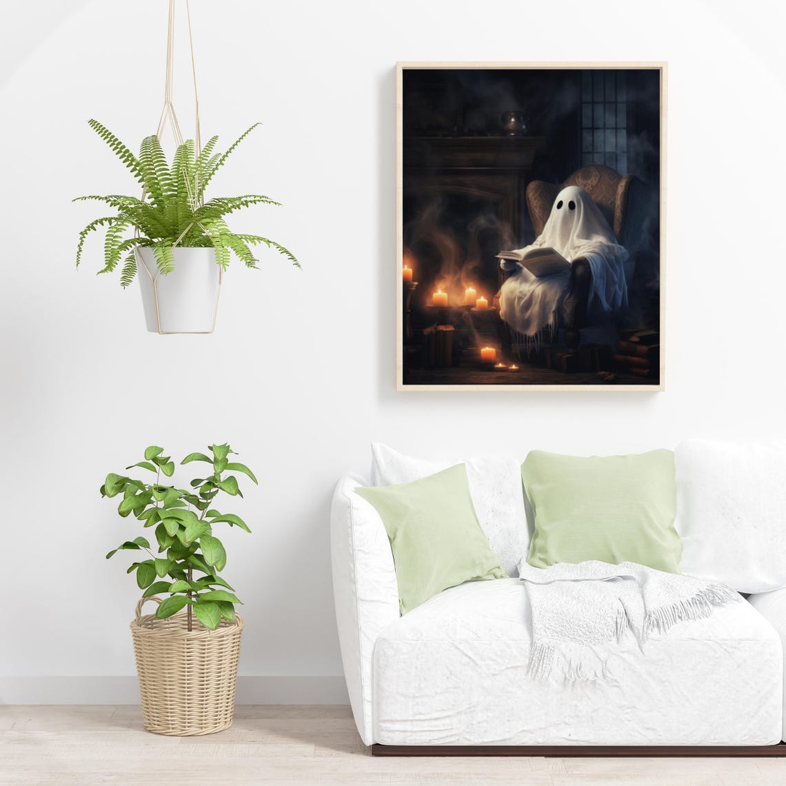 Ghost Reading Book By Fireplace Candlelit Spooky Halloween Poster - Image 2