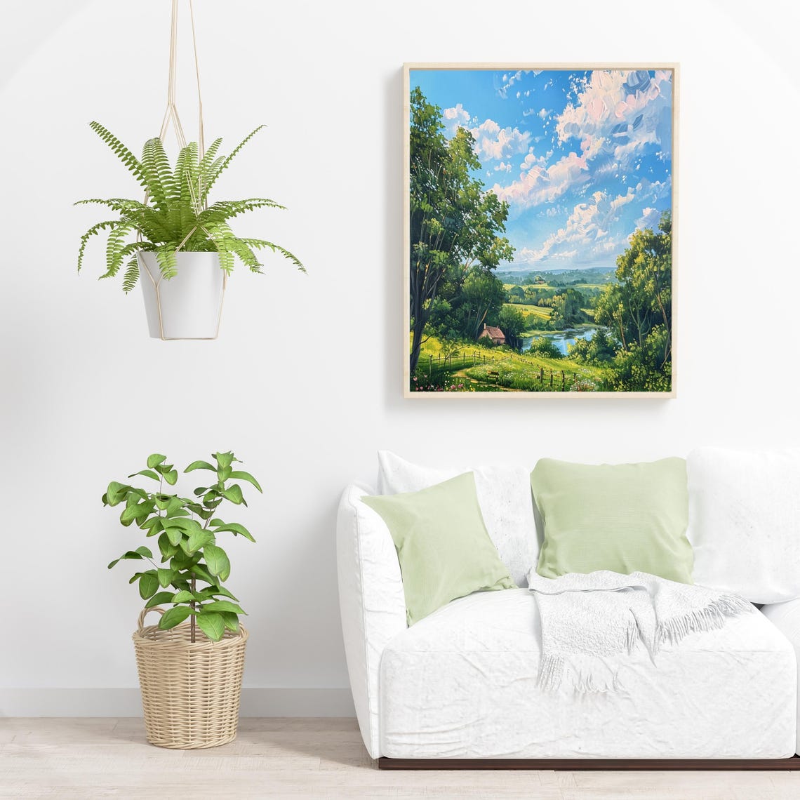 Sunny Countryside Pond Cottage Dramatic Clouds Landscape Poster - Image 3